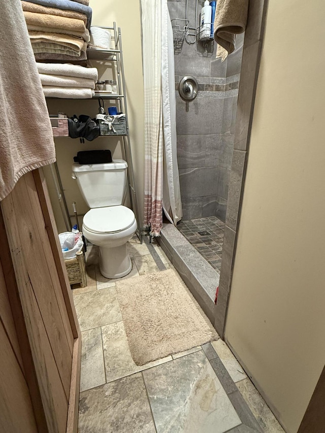 470 Cedar Bluff Rd, Monticello, KY 42633 - bathroom featuring a stall shower, stone tile floors, and toilet
