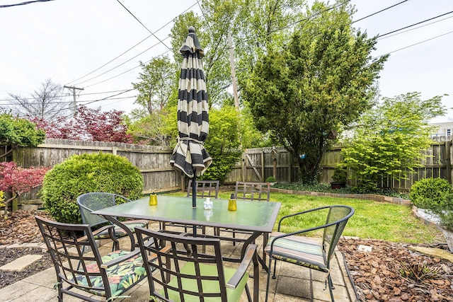 view of patio with a fenced backyard and outdoor dining space