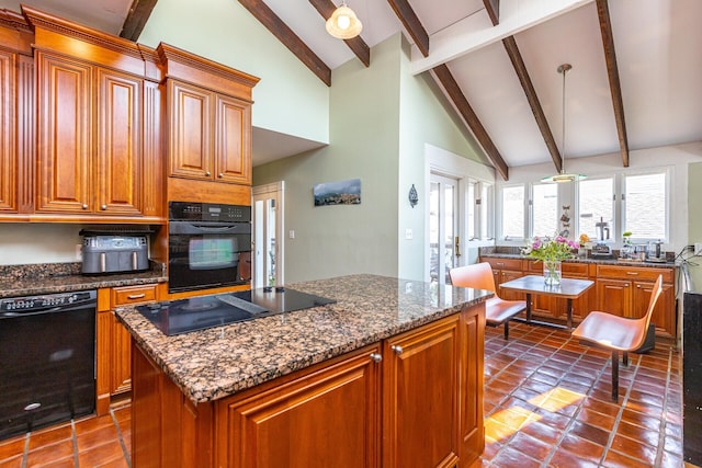 kitchen featuring high vaulted ceiling, a center island, black appliances, brown cabinets, and beam ceiling