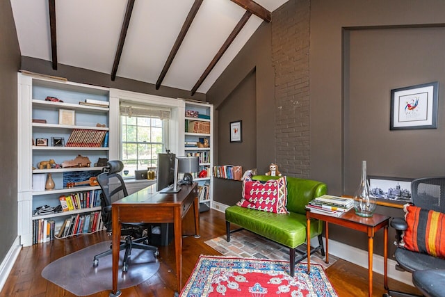 home office with baseboards, vaulted ceiling with beams, and wood finished floors
