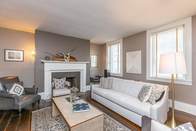 living room with wood-type flooring, baseboards, and a fireplace