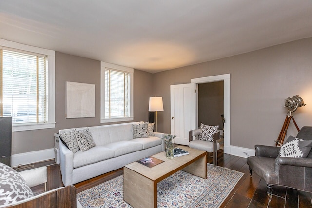 living room featuring baseboards and dark wood-style flooring