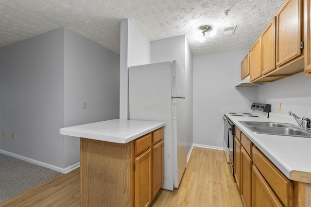 1081 S Broadway Unit 104, Lexington, KY 40504 - kitchen with light countertops, a sink, white appliances, baseboards, and light wood-style flooring