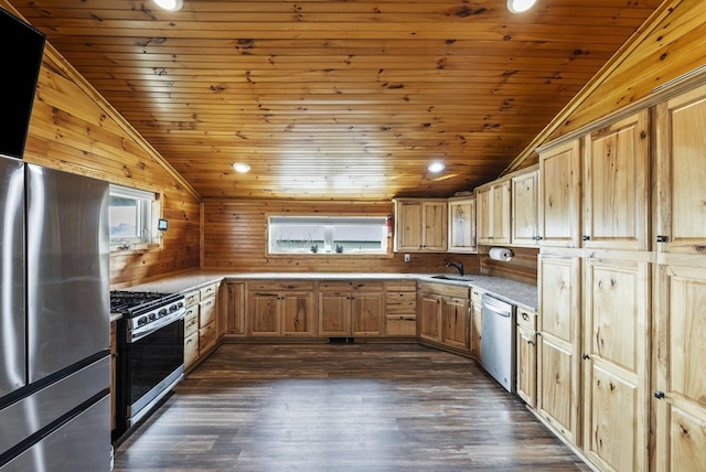 kitchen with vaulted ceiling, wooden ceiling, and stainless steel appliances
