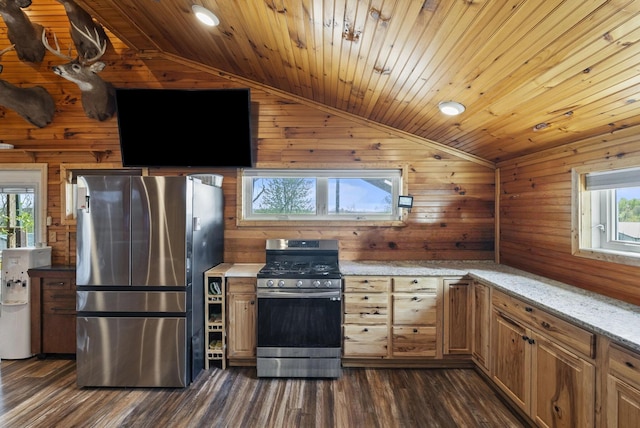 kitchen with wooden ceiling, appliances with stainless steel finishes, dark wood-type flooring, and lofted ceiling