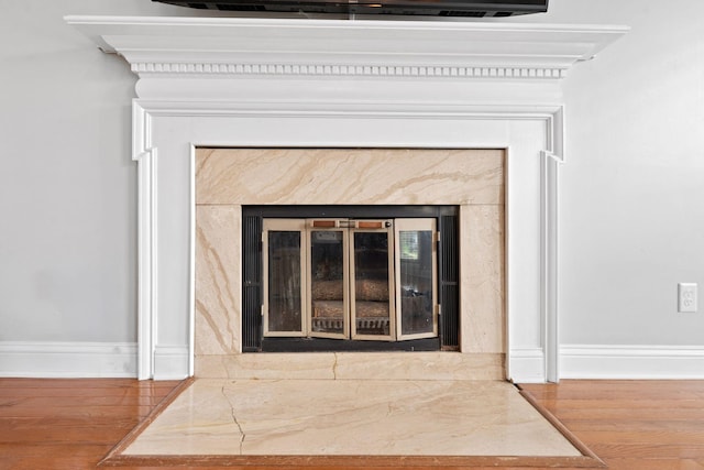 room details featuring baseboards, wood finished floors, and a high end fireplace