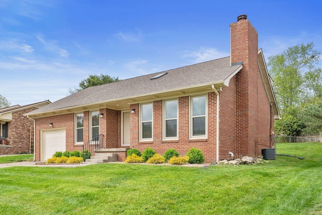 ranch-style home featuring an attached garage, a shingled roof, a chimney, and brick siding