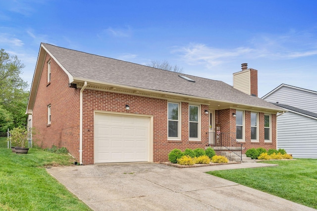 single story home with roof with shingles, a chimney, driveway, and brick siding