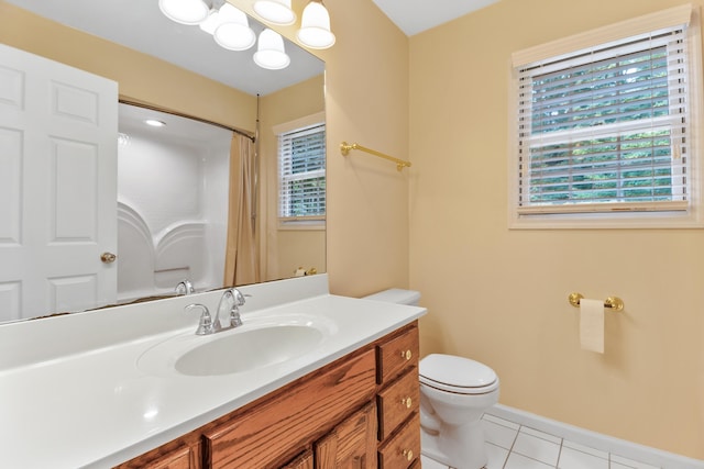 832 Cliffs Edge Rd, East Bernstadt, KY 40729 - bathroom featuring toilet, baseboards, tile patterned flooring, a shower with shower curtain, and vanity