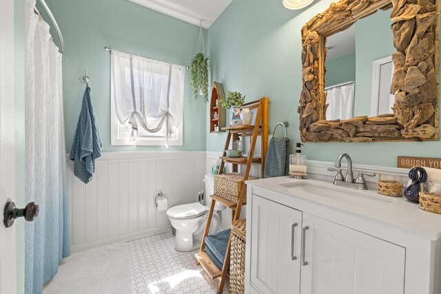 full bath featuring wainscoting, toilet, and vanity
