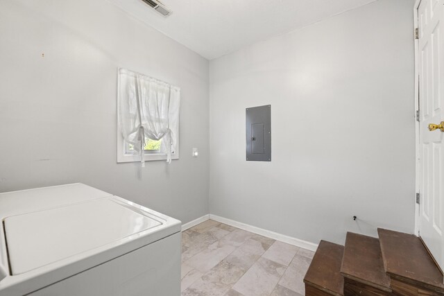 washroom with washer and clothes dryer, laundry area, visible vents, electric panel, and baseboards