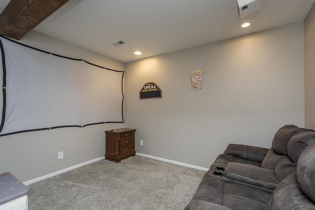 home theater room with baseboards, visible vents, carpet flooring, and recessed lighting