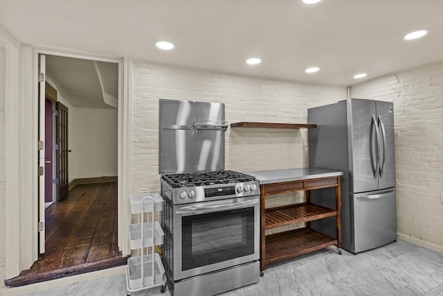 kitchen with light wood-style flooring, baseboards, recessed lighting, open shelves, and appliances with stainless steel finishes