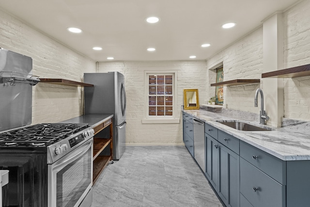 kitchen with open shelves, a sink, stainless steel appliances, light stone countertops, and recessed lighting