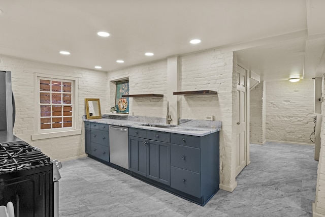 kitchen featuring recessed lighting, open shelves, dishwasher, a sink, and refrigerator