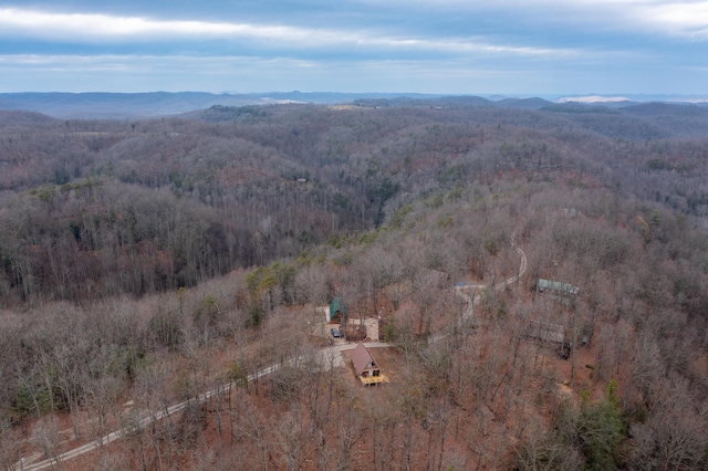 drone / aerial view with a mountain view and a forest view