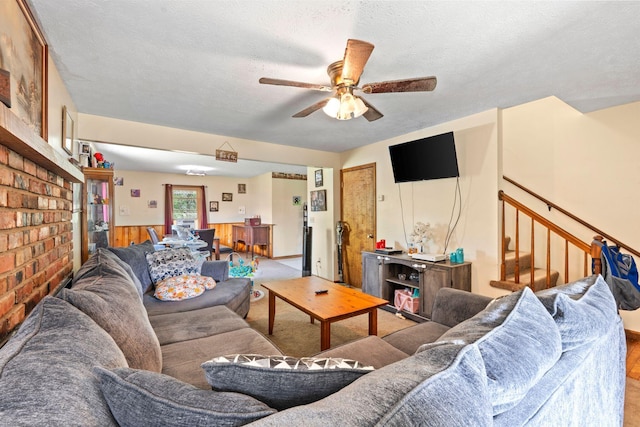 13955 Swallowfield Rd, Frankfort, KY 40601 - living area with stairs, a textured ceiling, and a ceiling fan