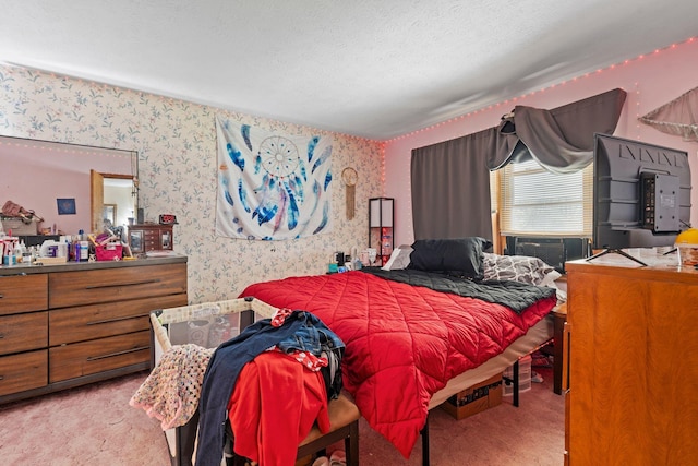 13955 Swallowfield Rd, Frankfort, KY 40601 - bedroom with wallpapered walls, a textured ceiling, and carpet floors