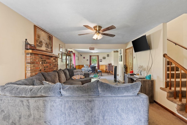 13955 Swallowfield Rd, Frankfort, KY 40601 - living area featuring light colored carpet, stairway, and a ceiling fan