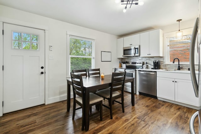 dining room with baseboards, plenty of natural light, and dark wood-style floors