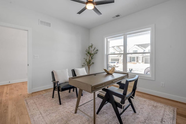 4137 Meadowlark Rd, Lexington, KY 40509 - dining space with ceiling fan, baseboards, light wood-style floors, and visible vents