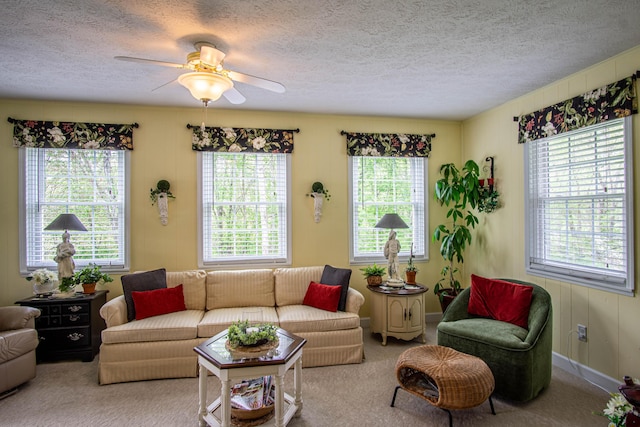 living area with carpet flooring, a textured ceiling, and plenty of natural light