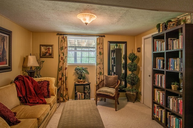 sitting room featuring carpet and a textured ceiling