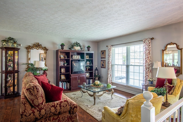 living room featuring wood finished floors and a textured ceiling