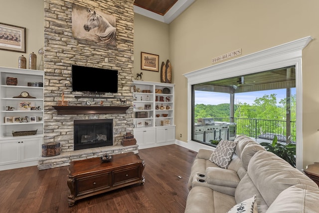 living area with a stone fireplace, wood finished floors, a towering ceiling, and crown molding