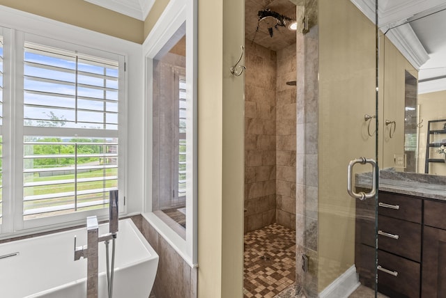 bathroom featuring a shower stall, vanity, and a freestanding bath