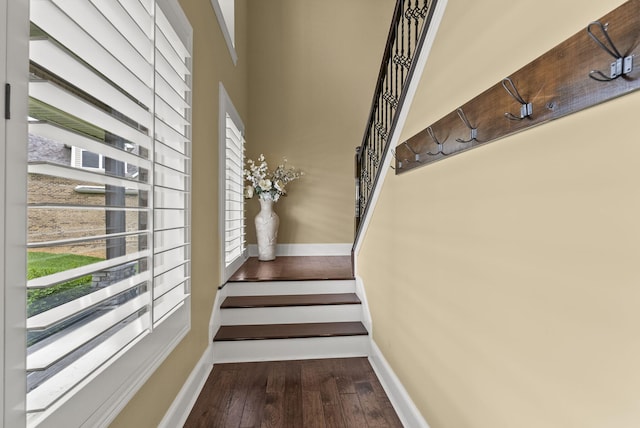 stairs featuring hardwood / wood-style flooring, plenty of natural light, and baseboards