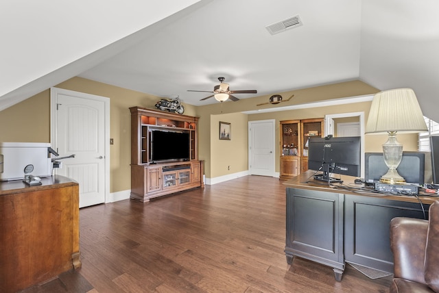 office space featuring a ceiling fan, dark wood-style floors, and baseboards