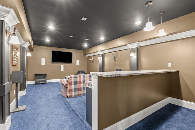 cinema featuring carpet flooring, baseboards, recessed lighting, and decorative columns