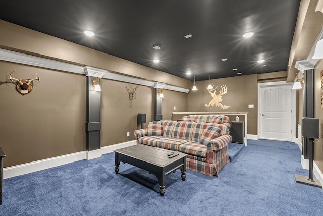 carpeted cinema with baseboards and recessed lighting