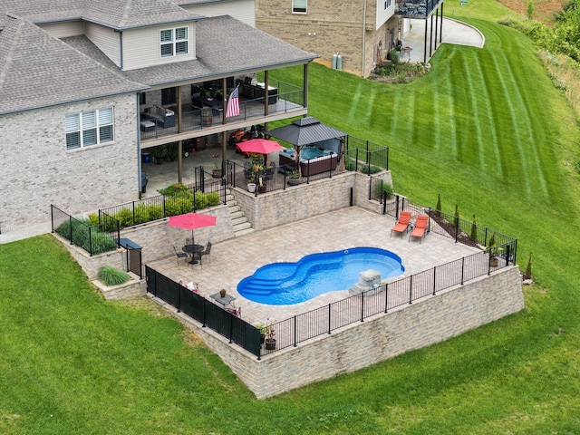 view of pool featuring an outdoor hangout area, a patio area, outdoor dining space, and a gazebo