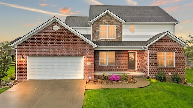 1025 Vineyard Way, Berea, KY 40403 - traditional-style house with concrete driveway, brick siding, a shingled roof, a front lawn, and a garage