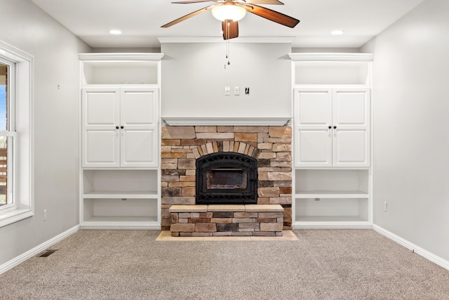 unfurnished living room with a ceiling fan, baseboards, carpet floors, and recessed lighting