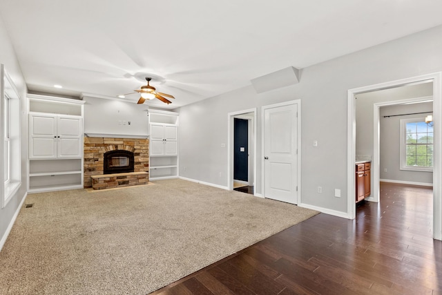 1025 Vineyard Way, Berea, KY 40403 - unfurnished living room with a ceiling fan, dark wood-style flooring, and a fireplace