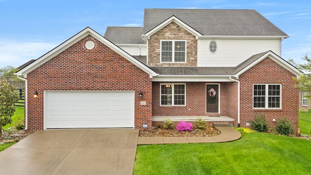 view of front of property with concrete driveway, a shingled roof, a front yard, a garage, and brick siding