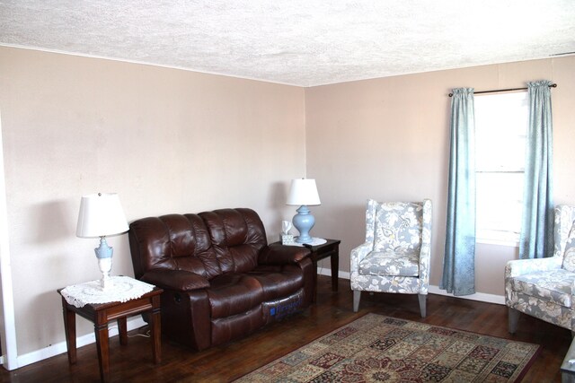 living room featuring a textured ceiling, wood finished floors, and baseboards