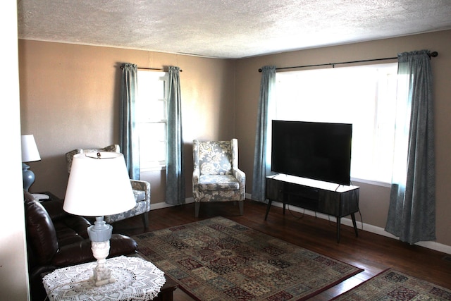 living area featuring healthy amount of natural light, wood finished floors, a textured ceiling, and baseboards