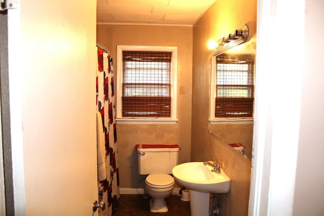 full bathroom featuring toilet, a shower with curtain, and a sink