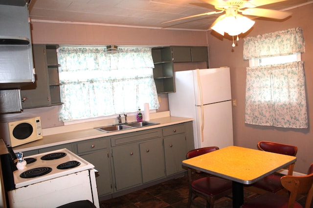 kitchen with white appliances, a sink, open shelves, gray cabinets, and ornamental molding