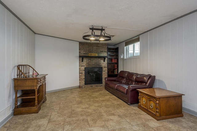 living room featuring a fireplace, stone finish flooring, wood walls, and ornamental molding