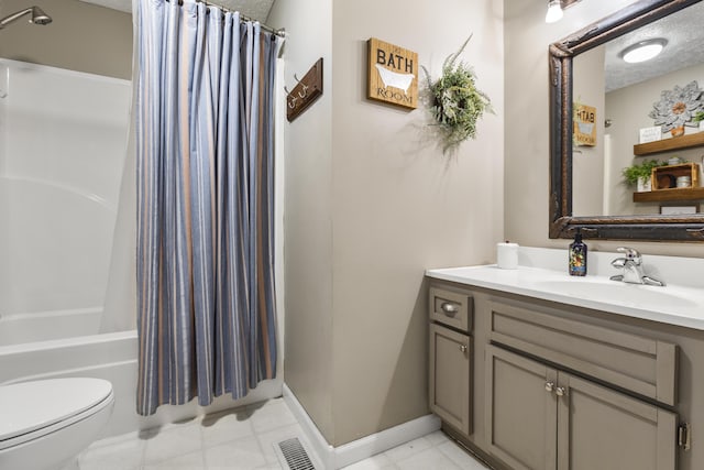 370 Poplar Ln, Morehead, KY 40351 - full bathroom with tile patterned floors, toilet, baseboards, shower / bath combo with shower curtain, and vanity