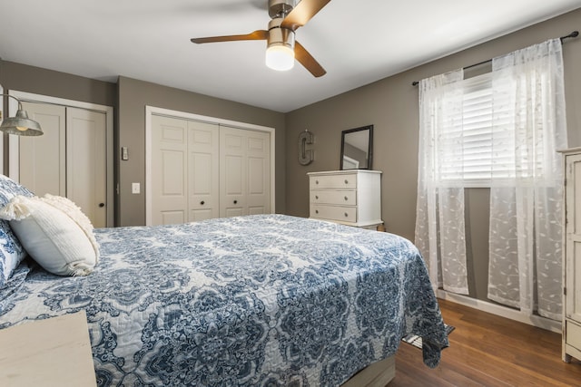 370 Poplar Ln, Morehead, KY 40351 - bedroom featuring two closets, ceiling fan, and wood finished floors