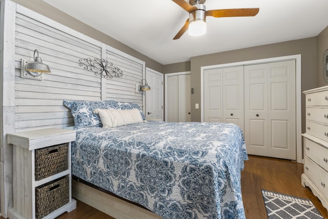 370 Poplar Ln, Morehead, KY 40351 - bedroom with ceiling fan, two closets, and dark wood finished floors
