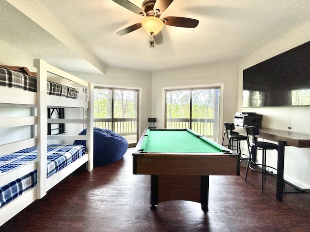 rec room with wood finished floors, a ceiling fan, baseboards, and pool table