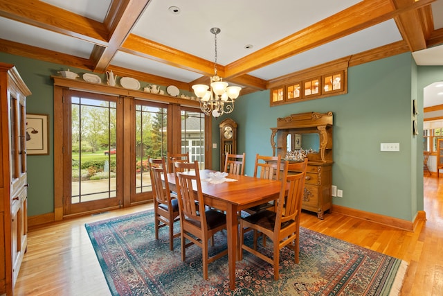 dining space with coffered ceiling, a chandelier, baseboards, and light wood finished floors