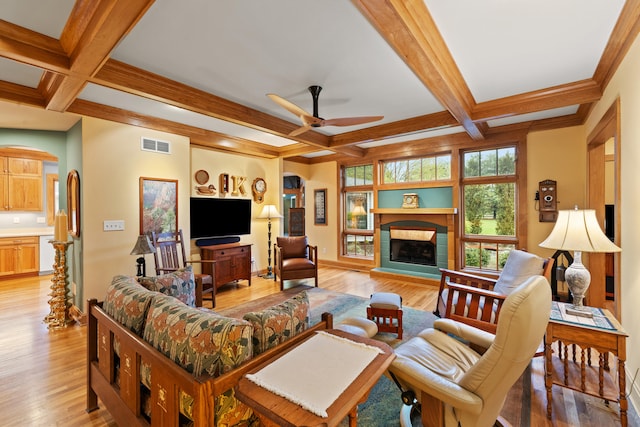 living room with coffered ceiling, beam ceiling, visible vents, and a ceiling fan